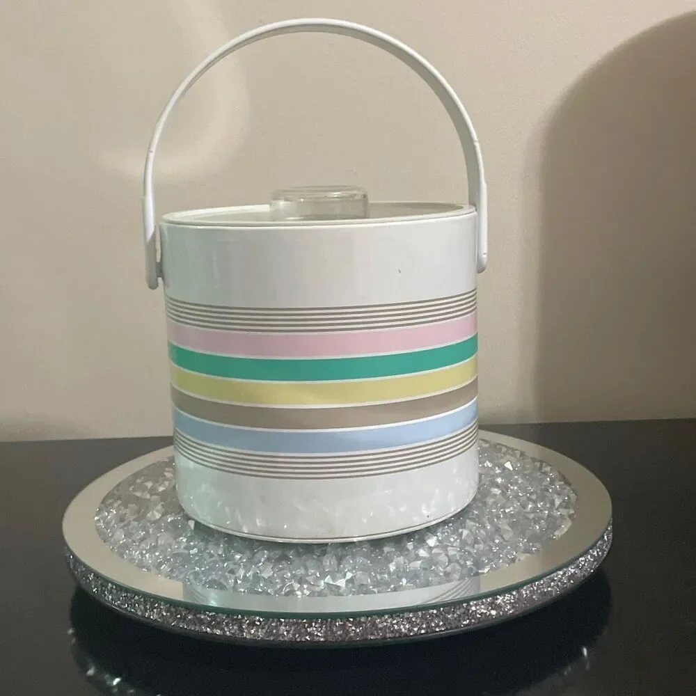 Phoenix vintage 1980s pastel striped insulated ice bucket with metal tongs